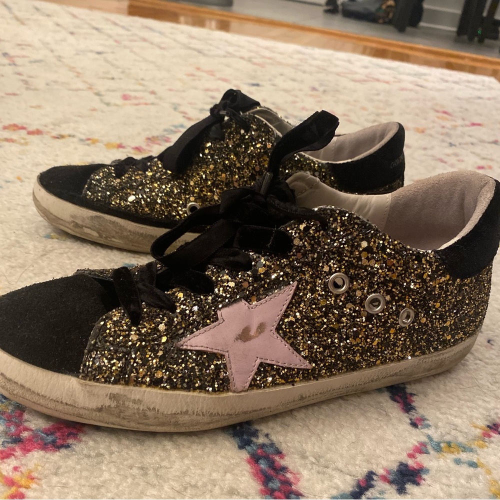 Golden Goose Deluxe Brand, Black Gold and Black Glitter with Pink Star Low Top